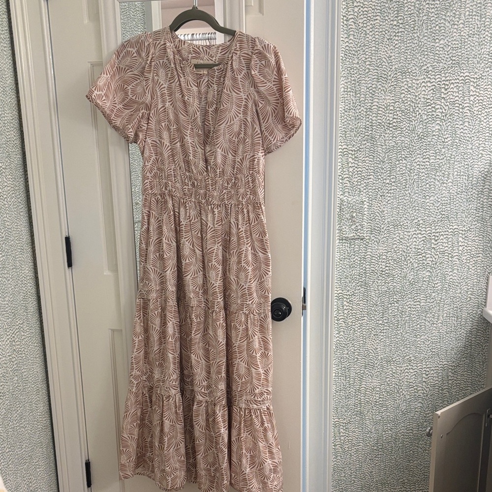 Anthropologie Blush Leaf-Print Tiered Maxi Dress